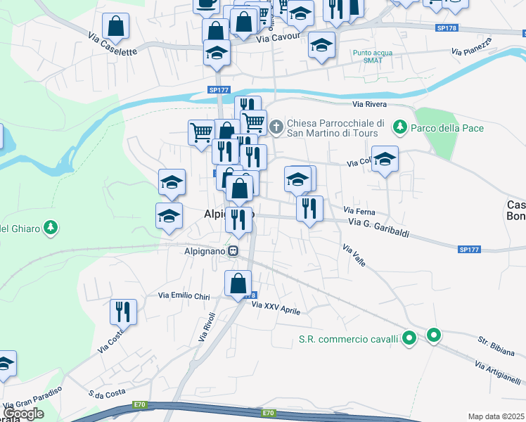 map of restaurants, bars, coffee shops, grocery stores, and more near 15 Via G. Garibaldi in Alpignano