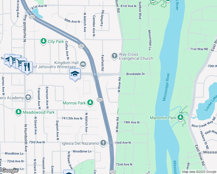 map of restaurants, bars, coffee shops, grocery stores, and more near 7600 Fairfield Road in Minneapolis