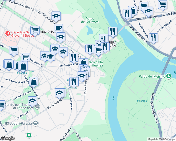 map of restaurants, bars, coffee shops, grocery stores, and more near 1-9 Via Renato Wuillermin in Torino