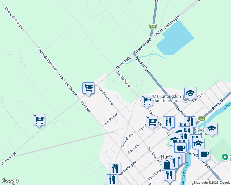 map of restaurants, bars, coffee shops, grocery stores, and more near 162 Rue Cunningham in Huntingdon