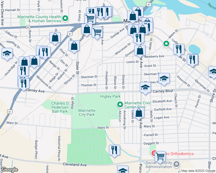 map of restaurants, bars, coffee shops, grocery stores, and more near 2023 Thomas St in Marinette