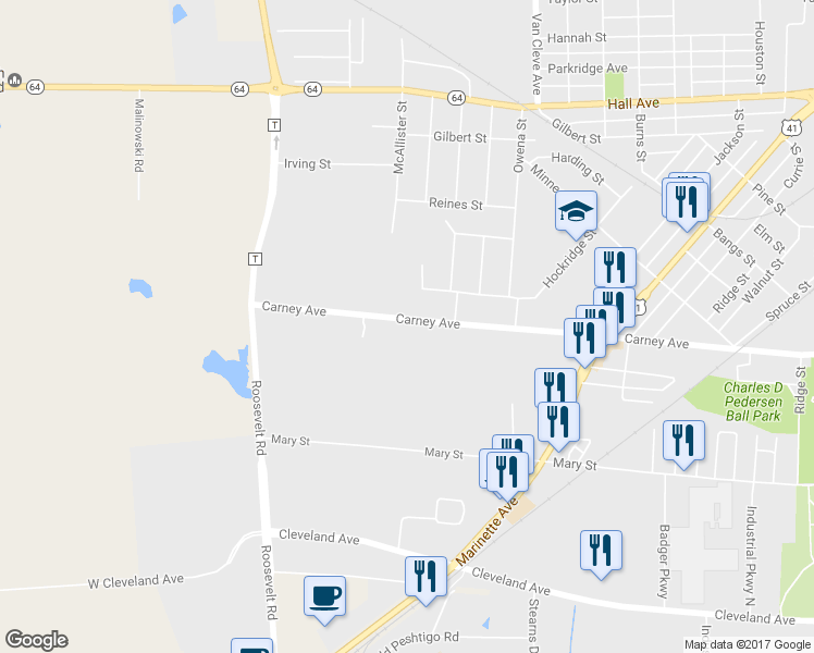 map of restaurants, bars, coffee shops, grocery stores, and more near 3331 Carney Avenue in Marinette