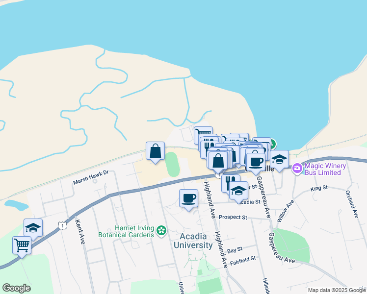 map of restaurants, bars, coffee shops, grocery stores, and more near Wolfville's Rail Trail in Wolfville