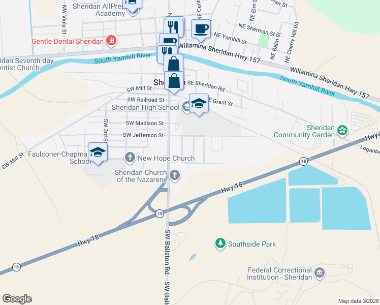 map of restaurants, bars, coffee shops, grocery stores, and more near 755 Southeast Lacey Street in Sheridan