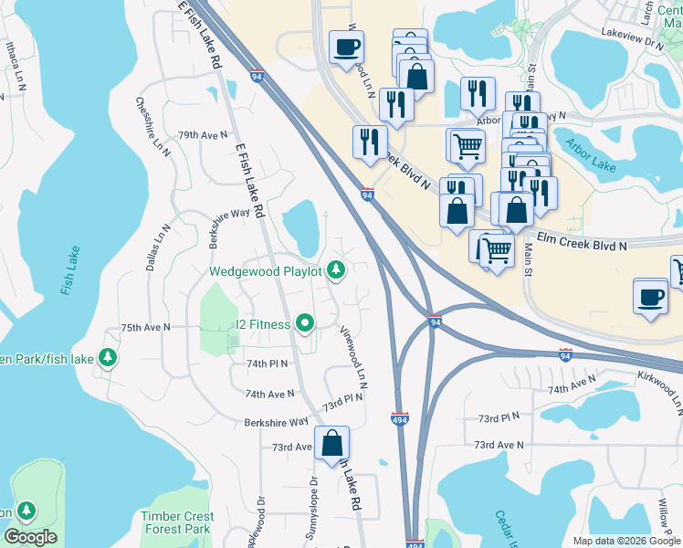 map of restaurants, bars, coffee shops, grocery stores, and more near 7580 Wedgewood Way North in Maple Grove