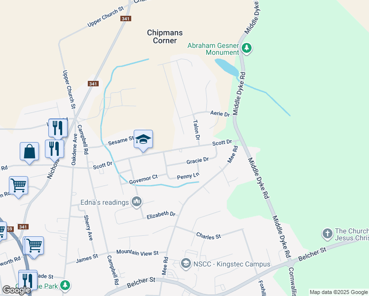 map of restaurants, bars, coffee shops, grocery stores, and more near Scott Drive in Kentville