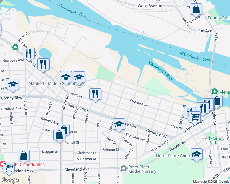 map of restaurants, bars, coffee shops, grocery stores, and more near 722 Terrace Avenue in Marinette