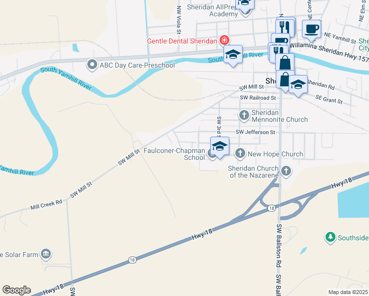 map of restaurants, bars, coffee shops, grocery stores, and more near 600 Southwest Mill Street in Sheridan