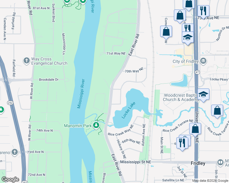 map of restaurants, bars, coffee shops, grocery stores, and more near 6820 Hickory Street Northeast in Fridley