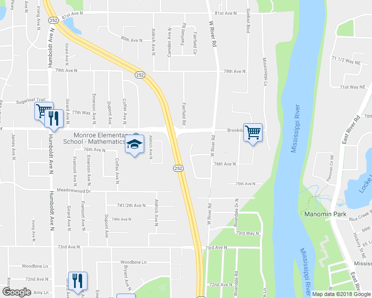 map of restaurants, bars, coffee shops, grocery stores, and more near 7607 Fairfield Road in Minneapolis