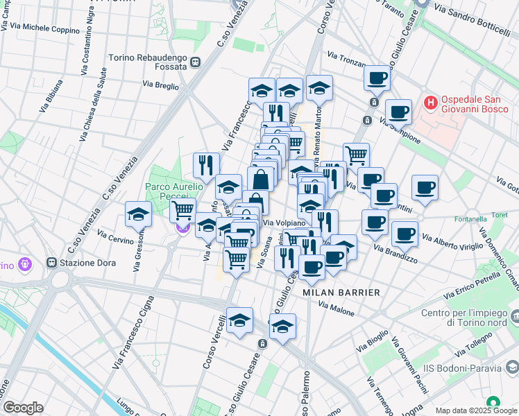 map of restaurants, bars, coffee shops, grocery stores, and more near 94 Corso Vercelli in Torino