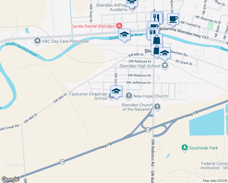 map of restaurants, bars, coffee shops, grocery stores, and more near 408 Southwest Chapman Street in Sheridan