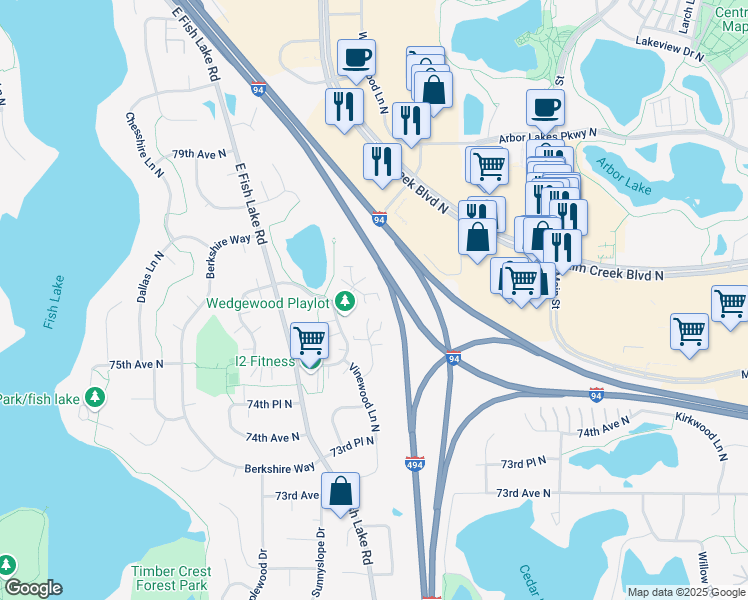 map of restaurants, bars, coffee shops, grocery stores, and more near 7580 Wedgewood Way North in Maple Grove