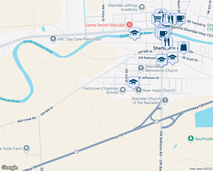 map of restaurants, bars, coffee shops, grocery stores, and more near 600 Southwest Mill Street in Sheridan