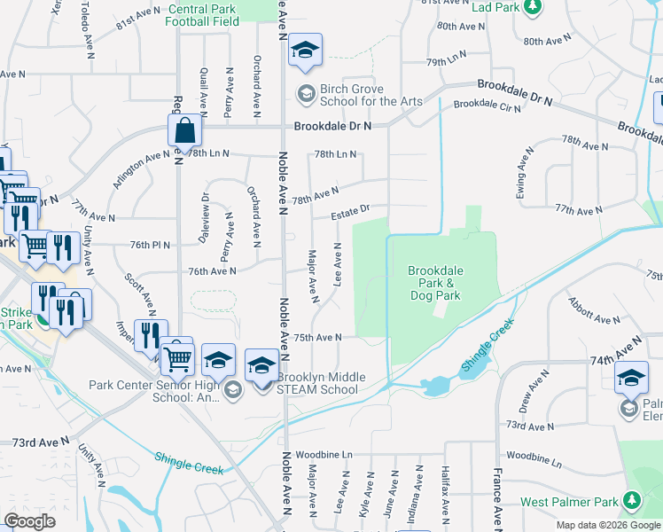 map of restaurants, bars, coffee shops, grocery stores, and more near 7601 Lee Avenue North in Minneapolis