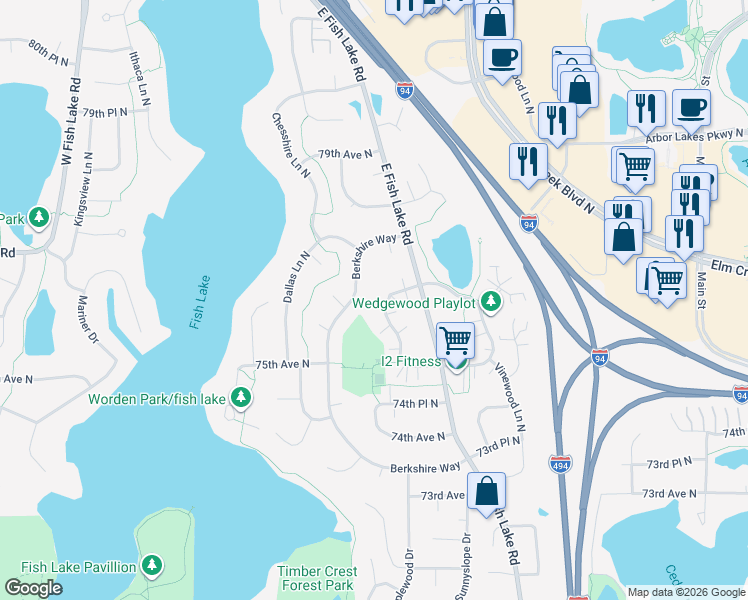 map of restaurants, bars, coffee shops, grocery stores, and more near 7581 Zinnia Way North in Osseo