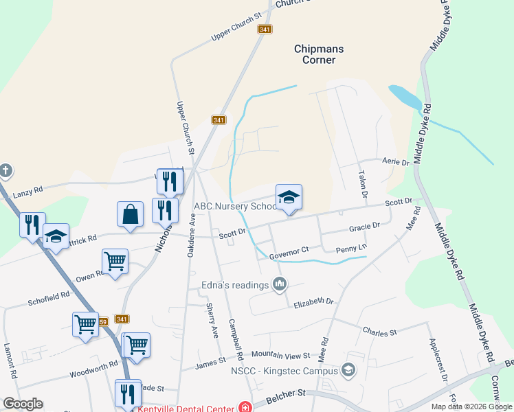 map of restaurants, bars, coffee shops, grocery stores, and more near 1010 Scott Drive in Kentville
