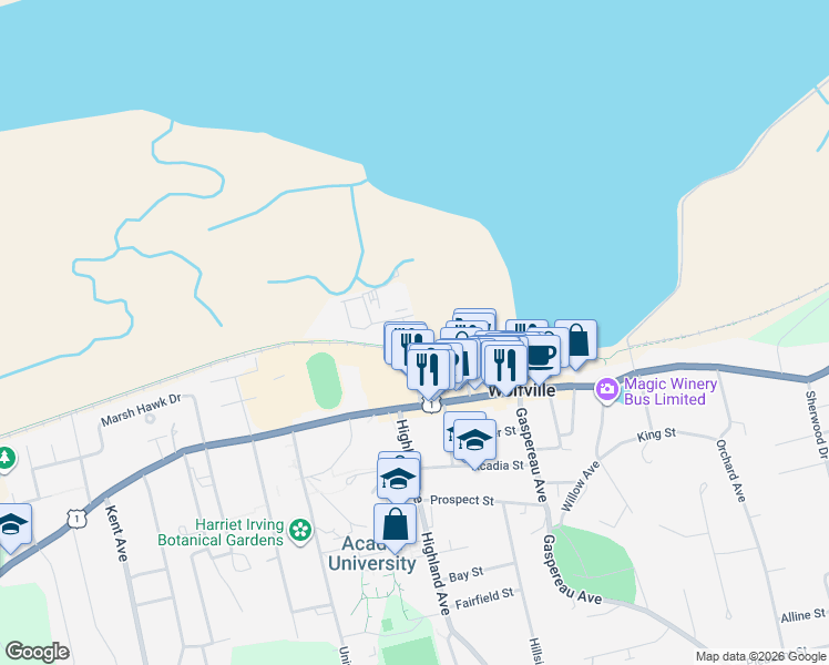 map of restaurants, bars, coffee shops, grocery stores, and more near 33 Elm Avenue in Wolfville