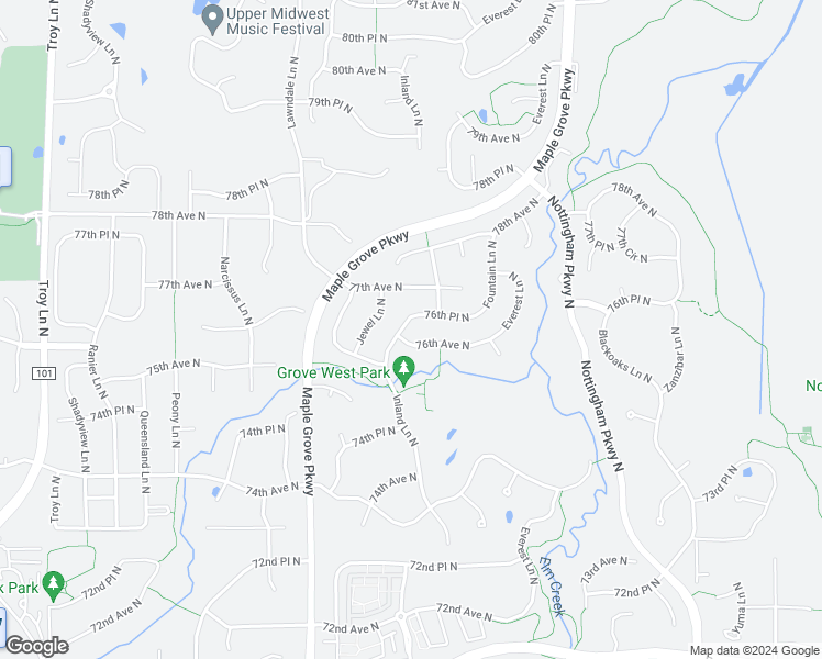 map of restaurants, bars, coffee shops, grocery stores, and more near 7620 Inland Lane North in Maple Grove