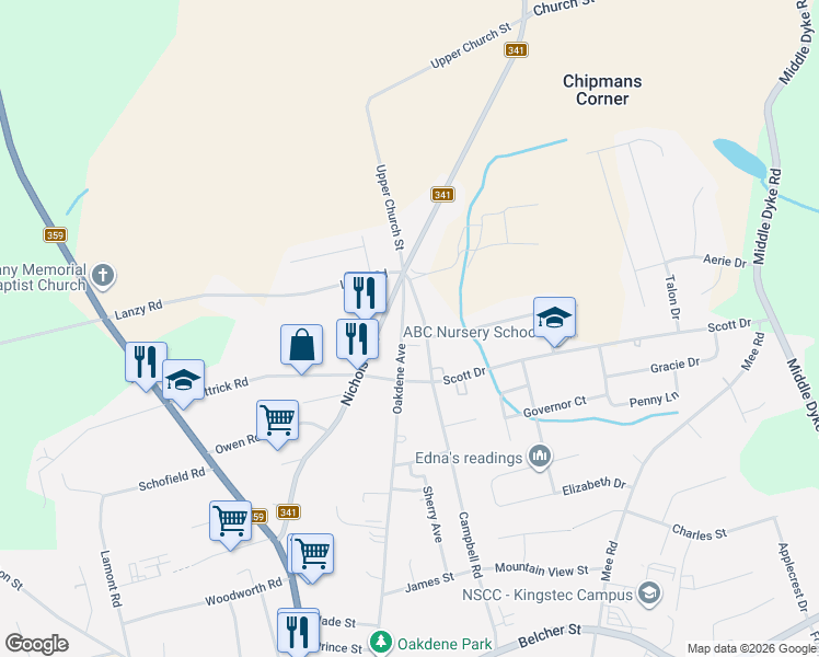 map of restaurants, bars, coffee shops, grocery stores, and more near 269 Oakdene Avenue in Kentville