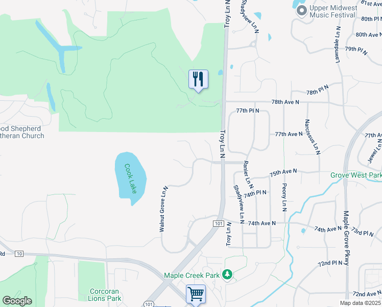 map of restaurants, bars, coffee shops, grocery stores, and more near 18447 75th Pl N in Maple Grove
