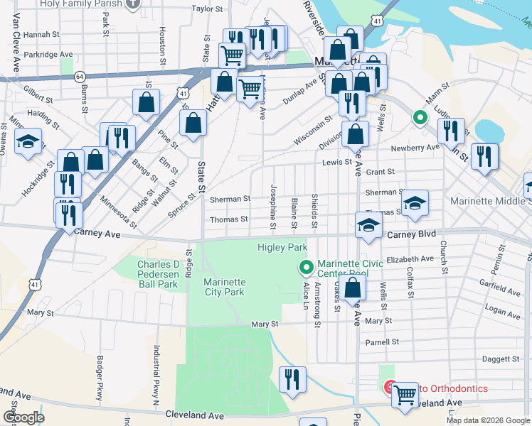 map of restaurants, bars, coffee shops, grocery stores, and more near 2023 Thomas Street in Marinette