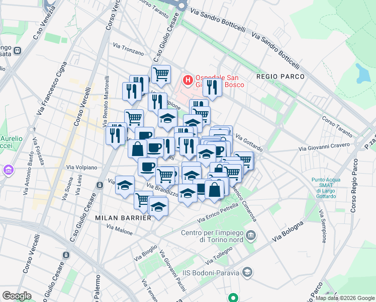 map of restaurants, bars, coffee shops, grocery stores, and more near 66 Via Saverio Mercadante in Torino