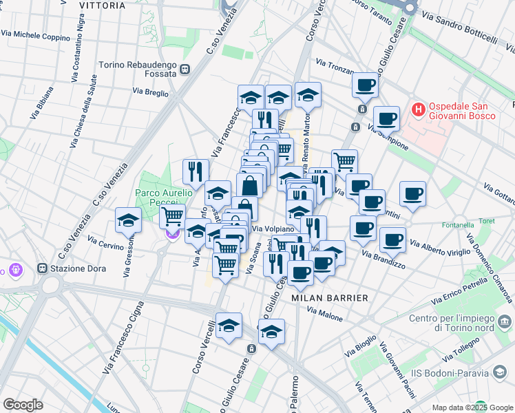 map of restaurants, bars, coffee shops, grocery stores, and more near 94 Corso Vercelli in Torino
