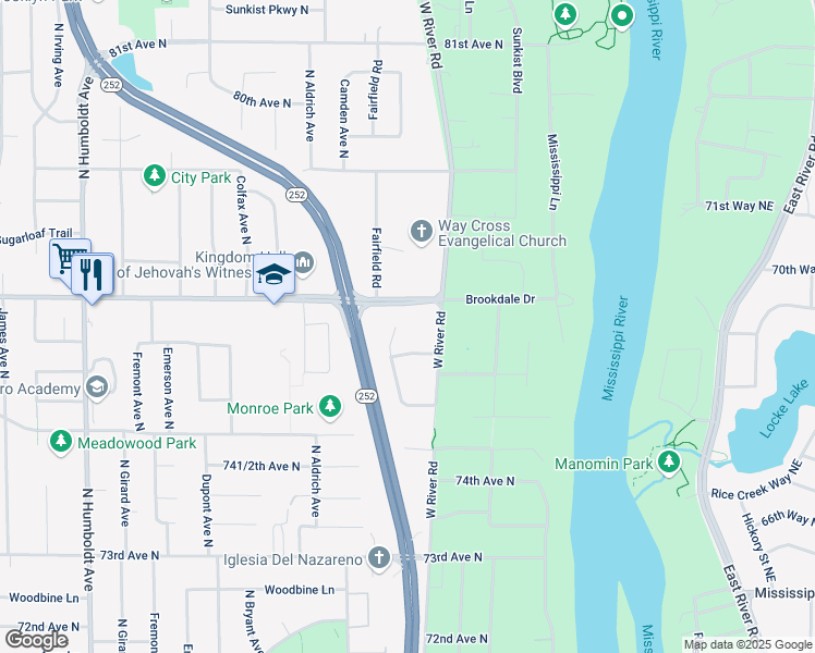 map of restaurants, bars, coffee shops, grocery stores, and more near 7600 Fairfield Road in Minneapolis