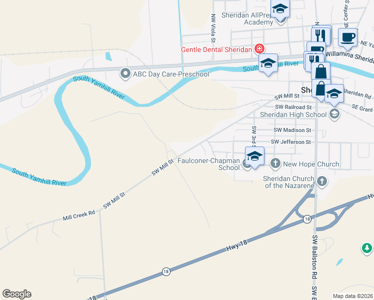 map of restaurants, bars, coffee shops, grocery stores, and more near 735 Southwest Mill Street in Sheridan