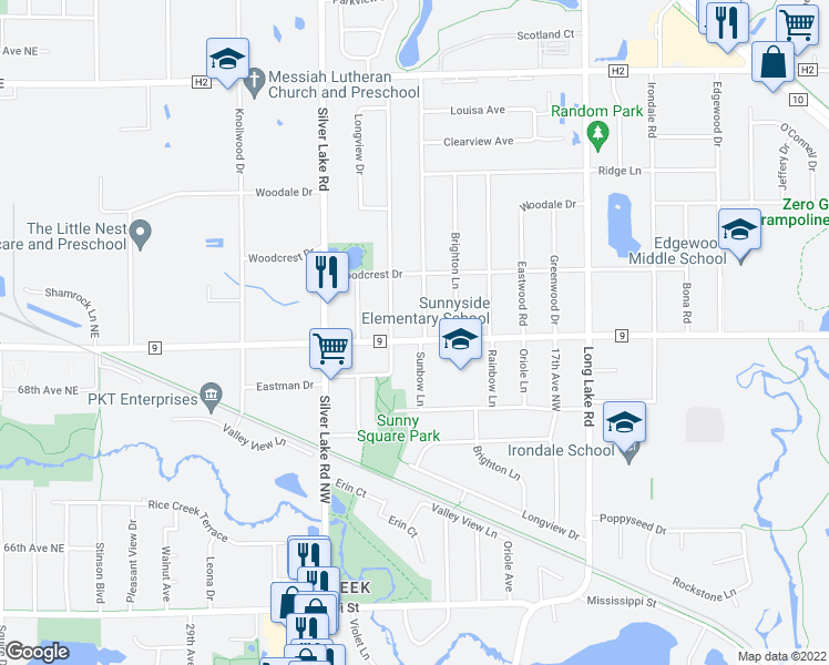 map of restaurants, bars, coffee shops, grocery stores, and more near 5045 Sunnyside Rd in Mounds View