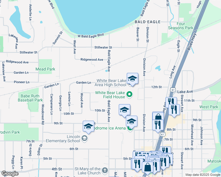 map of restaurants, bars, coffee shops, grocery stores, and more near 5040 Bald Eagle Avenue in White Bear Lake