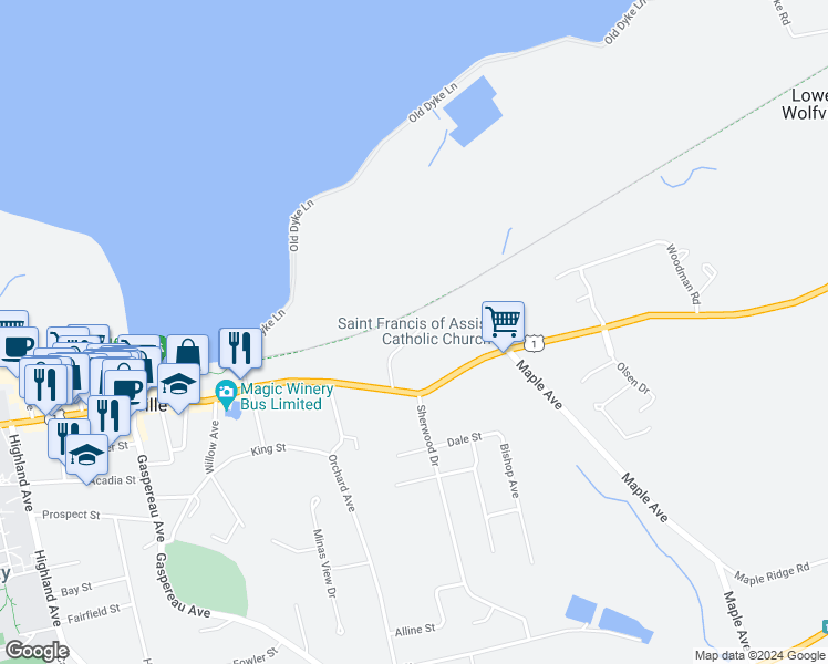 map of restaurants, bars, coffee shops, grocery stores, and more near 23 Oak Avenue in Wolfville