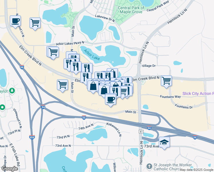 map of restaurants, bars, coffee shops, grocery stores, and more near 12522 Elm Creek Boulevard North in Maple Grove