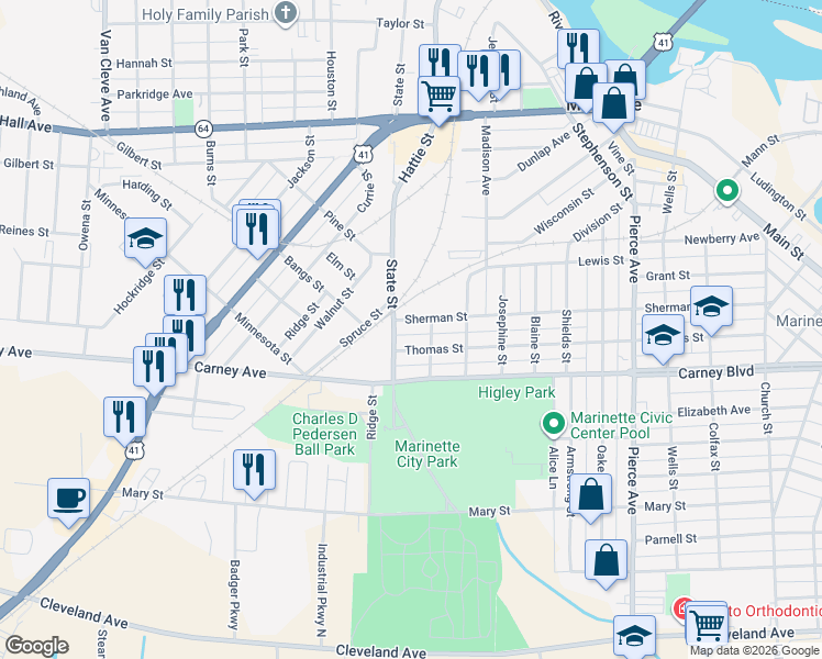 map of restaurants, bars, coffee shops, grocery stores, and more near 2312 Sherman Street in Marinette