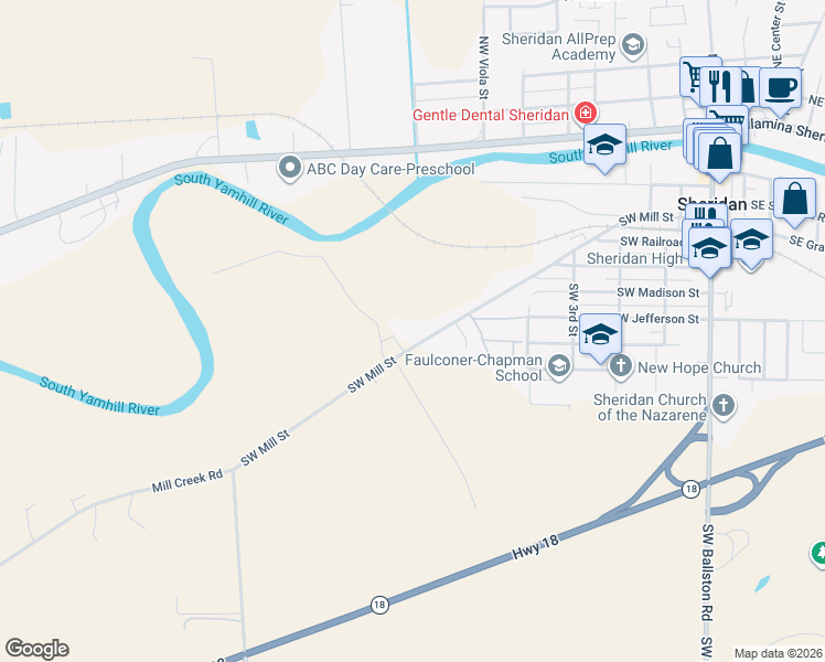 map of restaurants, bars, coffee shops, grocery stores, and more near 735 Southwest Mill Street in Sheridan