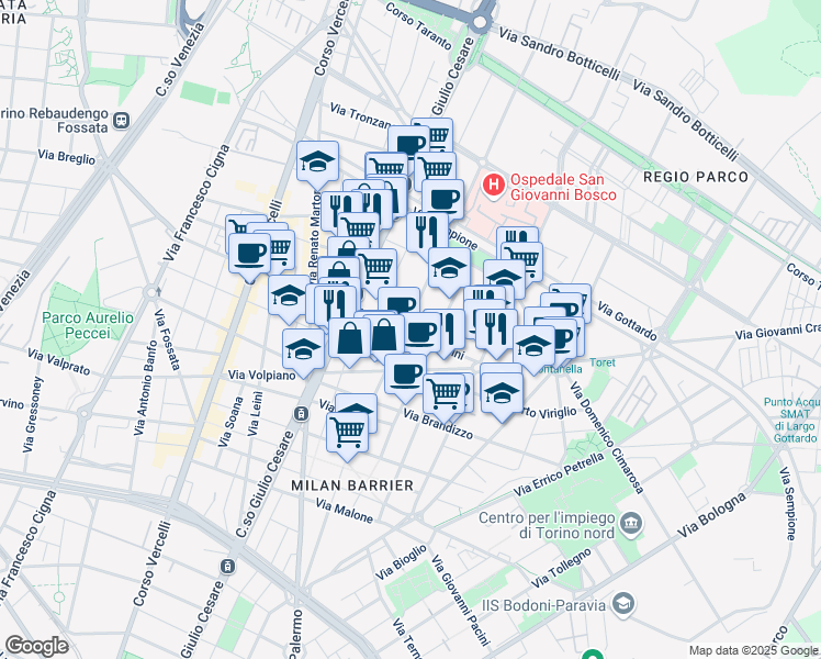 map of restaurants, bars, coffee shops, grocery stores, and more near 23 Via Gaspare Spontini in Torino