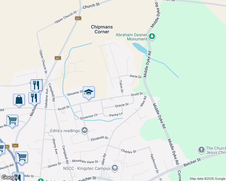 map of restaurants, bars, coffee shops, grocery stores, and more near 26 Talon Drive in Kentville