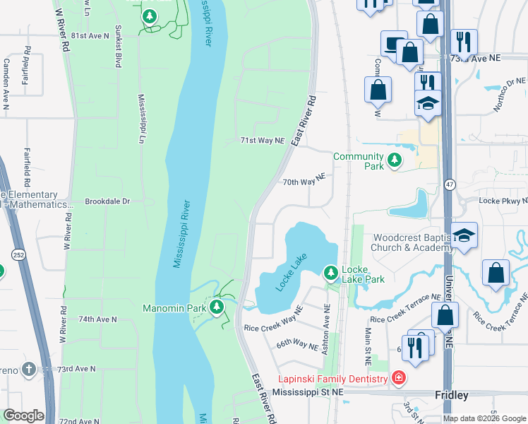 map of restaurants, bars, coffee shops, grocery stores, and more near 6931 East River Road in Fridley