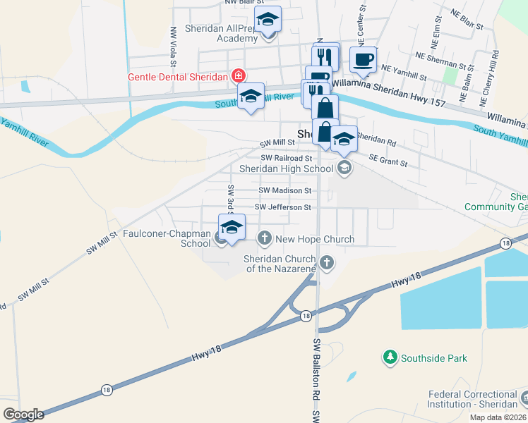 map of restaurants, bars, coffee shops, grocery stores, and more near 312 Southwest Madison Street in Sheridan