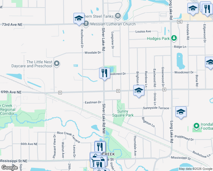 map of restaurants, bars, coffee shops, grocery stores, and more near 5080 Silver Lake Road Northwest in Saint Paul