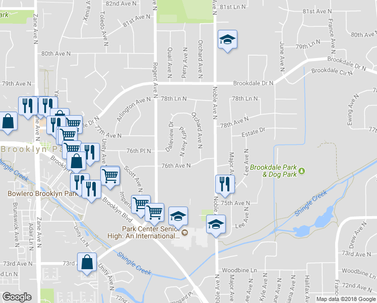 map of restaurants, bars, coffee shops, grocery stores, and more near 7624 Perry Avenue North in Minneapolis