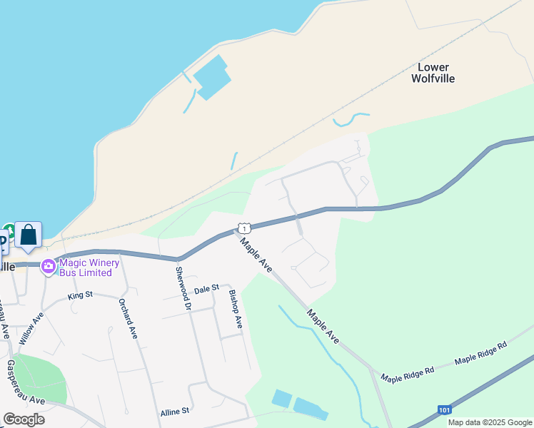 map of restaurants, bars, coffee shops, grocery stores, and more near 90 Main Street in Wolfville