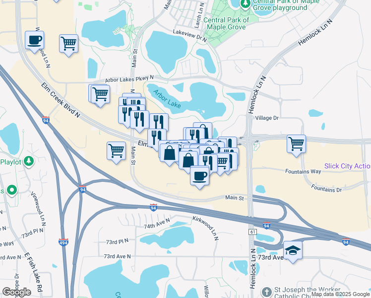 map of restaurants, bars, coffee shops, grocery stores, and more near 12795 Elm Creek Boulevard North in Maple Grove