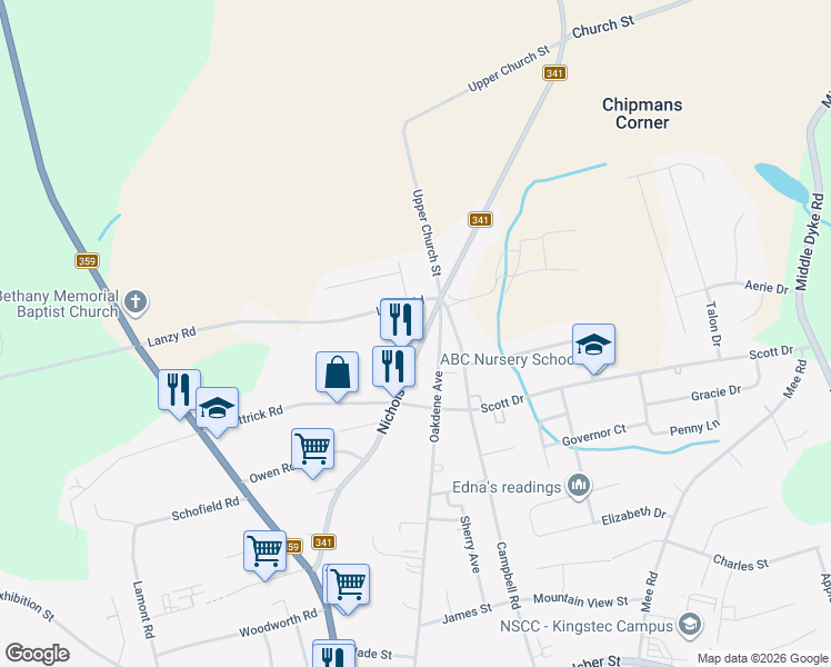 map of restaurants, bars, coffee shops, grocery stores, and more near 1113 Lanzy Road in Kentville