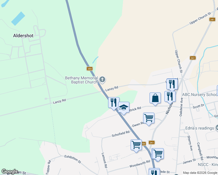 map of restaurants, bars, coffee shops, grocery stores, and more near 1252 Lanzy Road in Kentville