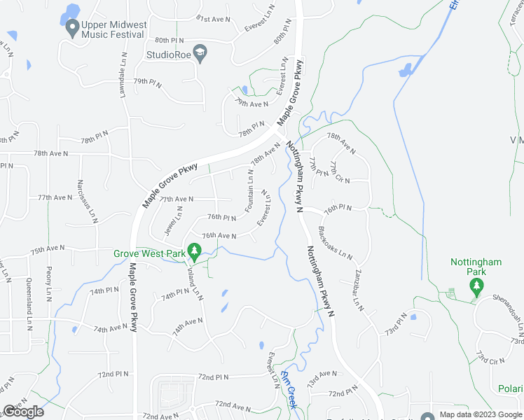 map of restaurants, bars, coffee shops, grocery stores, and more near 7659 Everest Lane North in Maple Grove