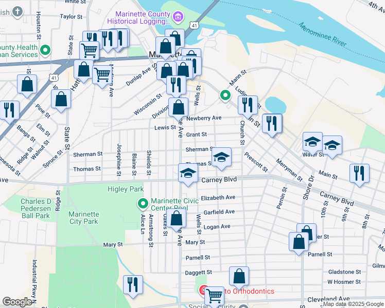map of restaurants, bars, coffee shops, grocery stores, and more near 1019 Wells Street in Marinette