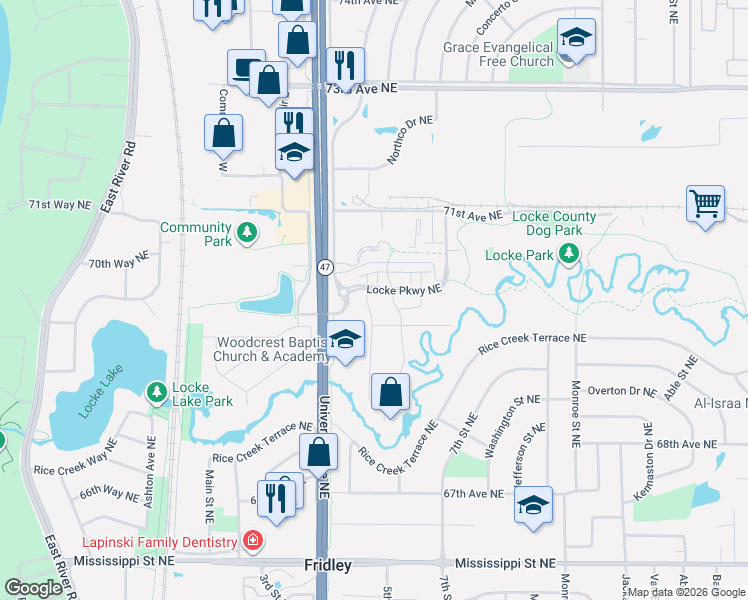 map of restaurants, bars, coffee shops, grocery stores, and more near 6961 Locke Point Drive Northeast in Spring Lake Park