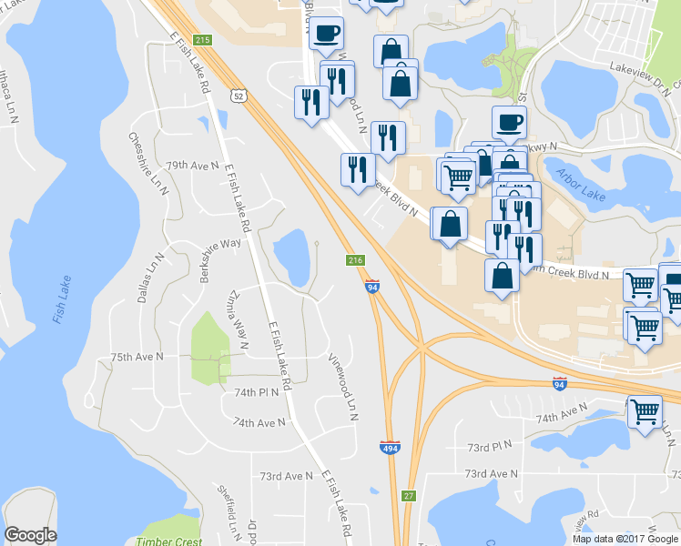 map of restaurants, bars, coffee shops, grocery stores, and more near 7687 Wedgwood Ct N in Osseo